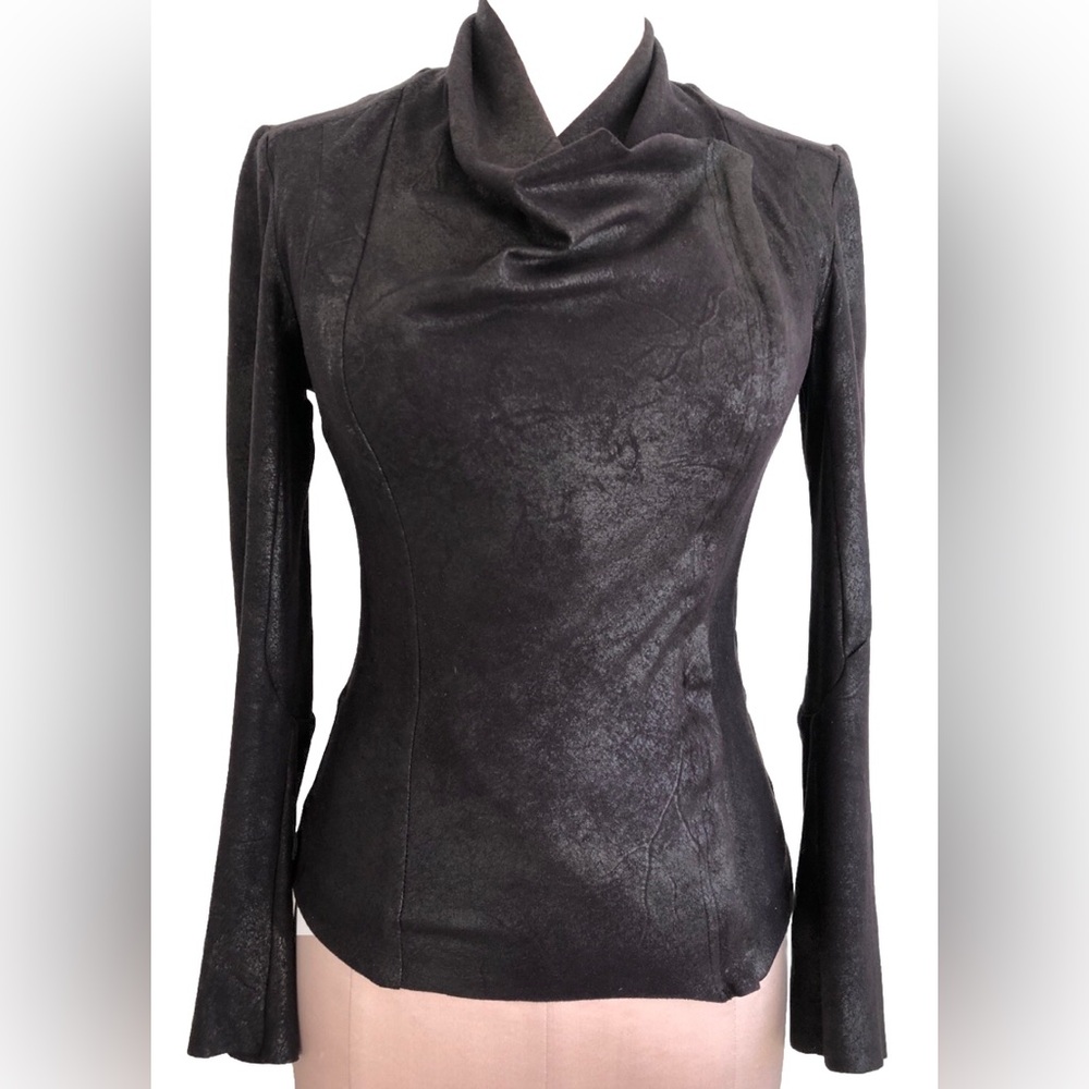 Black Sculpted Biker Fitted Moto Jacket Zipper Soft Suede Leather Stretch Top XS